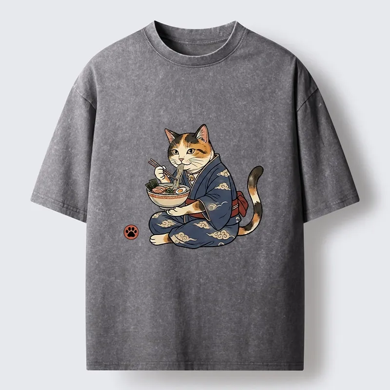 Tokyo-Tiger Traditional Japanese Cat Noodle Lover Washed T-Shirt