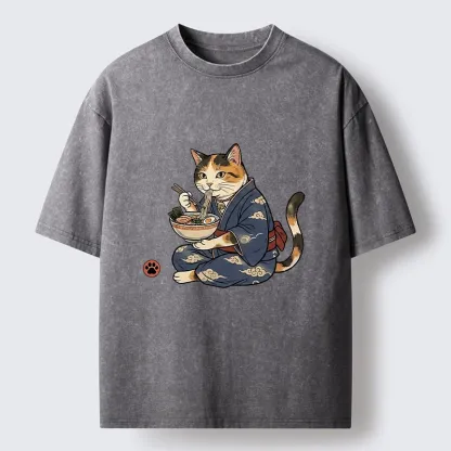 Tokyo-Tiger Traditional Japanese Cat Noodle Lover Washed T-Shirt