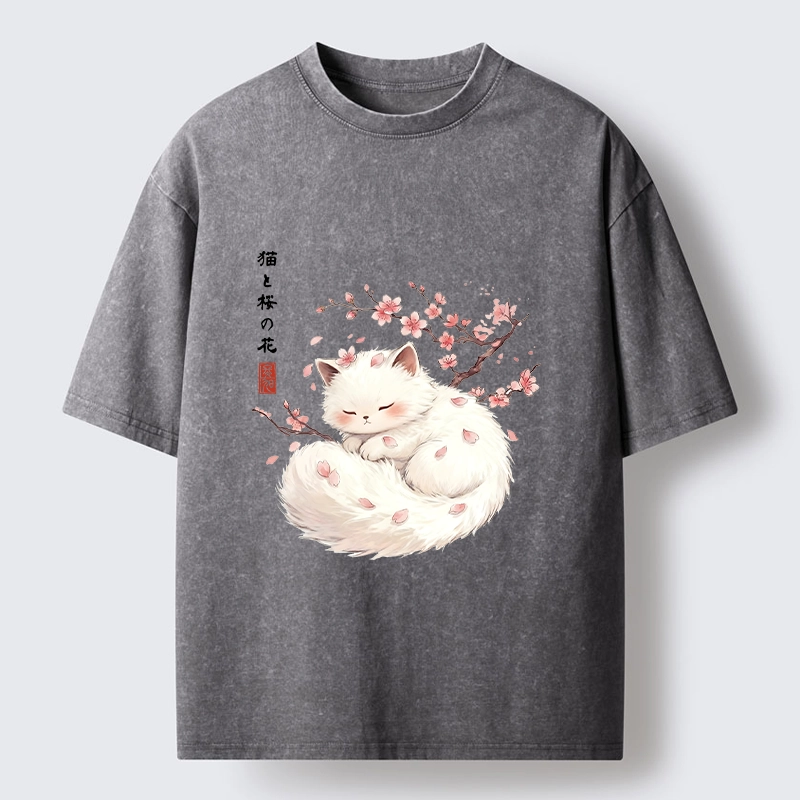 Tokyo-Tiger Soft Sakura White Cat Peaceful Sleep Washed T-Shirt