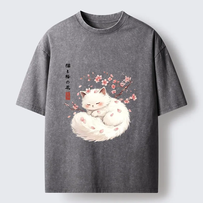 Tokyo-Tiger Soft Sakura White Cat Peaceful Sleep Washed T-Shirt Sale