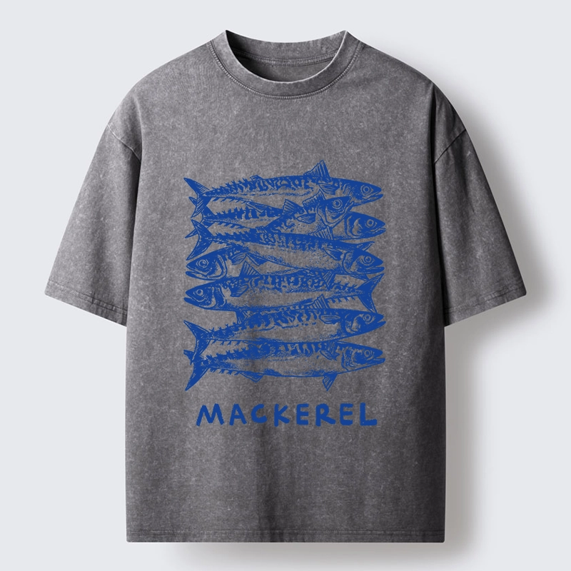 Tokyo-Tiger Retro Block Print Blue Mackerel School Washed T-Shirt
