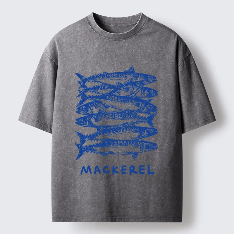 Tokyo-Tiger Retro Block Print Blue Mackerel School Washed T-Shirt