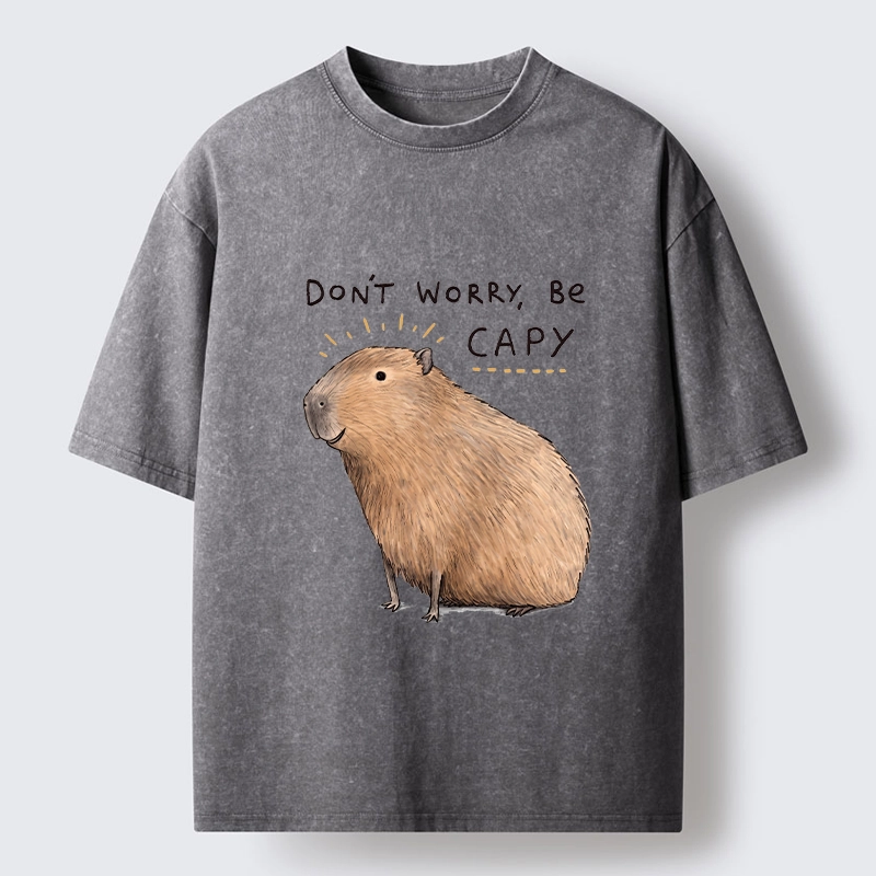 Tokyo-Tiger Calm Happy Capybara Relax Life Print Washed T-Shirt