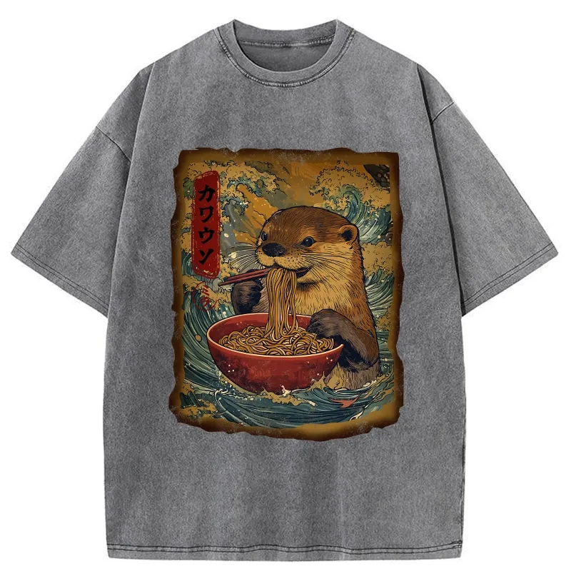 Tokyo-Tiger Otter Eats Ramen Washed T-Shirt
