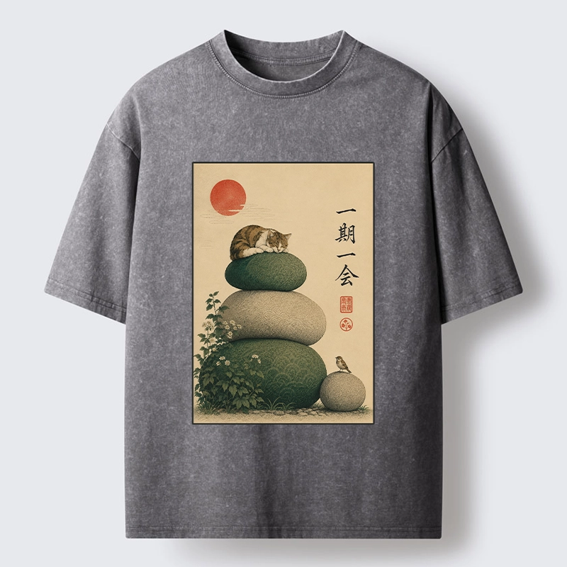 Tokyo-Tiger Peaceful Sleep Kitty Zen Garden Graphic Washed T-Shirt