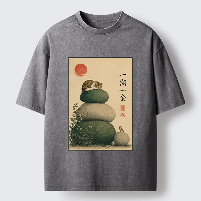 Tokyo-Tiger Peaceful Sleep Kitty Zen Garden Graphic Washed T-Shirt
