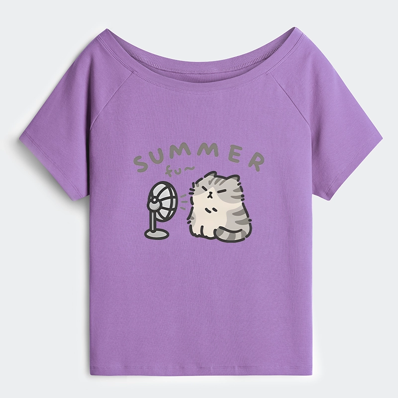 Tokyo-Tiger Summer Cat Chills With A Fan Off Shoulder T-Shirt