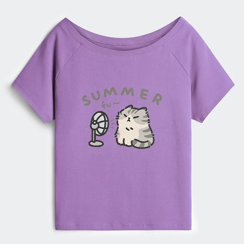 Tokyo-Tiger Summer Cat Chills With A Fan Off Shoulder T-Shirt