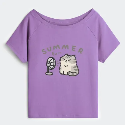 Tokyo-Tiger Summer Cat Chills With A Fan Off Shoulder T-Shirt