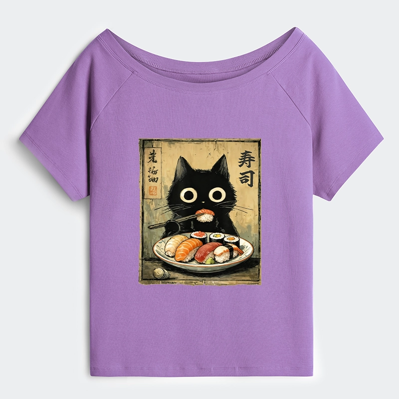 Tokyo-Tiger Vintage Japanese Sushi Cat Off Shoulder T-Shirt