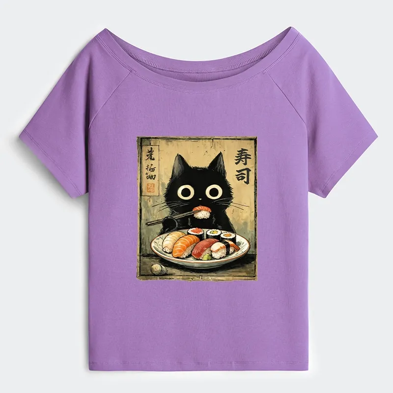 Tokyo-Tiger Vintage Japanese Sushi Cat Off Shoulder T-Shirt