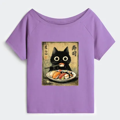 Tokyo-Tiger Vintage Japanese Sushi Cat Off Shoulder T-Shirt