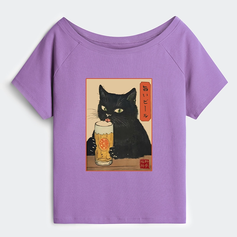 Tokyo-Tiger Cat Holding A Glass Of Beer Off Shoulder T-Shirt