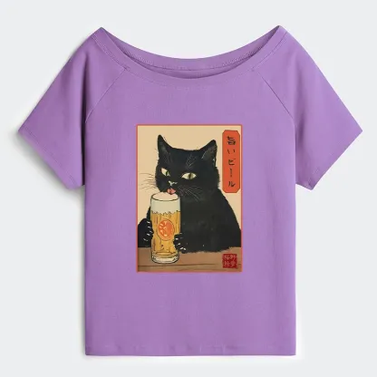 Tokyo-Tiger Cat Holding A Glass Of Beer Off Shoulder T-Shirt