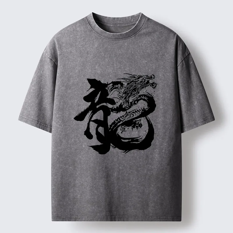 Tokyo-Tiger Ink Dragon Kanji Traditional Art Washed T-Shirt