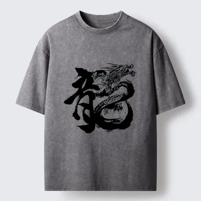 Tokyo-Tiger Ink Dragon Kanji Traditional Art Washed T-Shirt