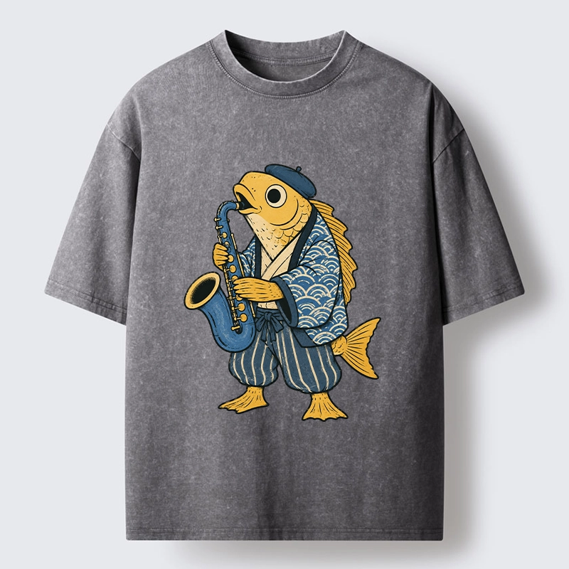 Tokyo-Tiger Jazz Sax Fish Vintage Japanese Ukiyo Art Washed T-Shirt