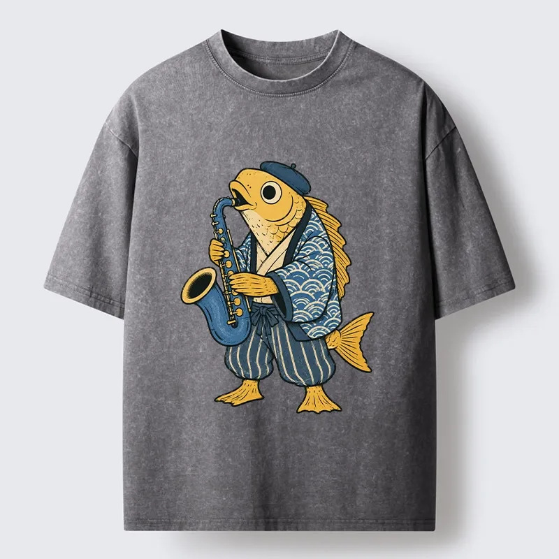 Tokyo-Tiger Jazz Sax Fish Vintage Japanese Ukiyo Art Washed T-Shirt