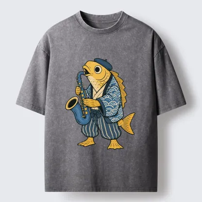 Tokyo-Tiger Jazz Sax Fish Vintage Japanese Ukiyo Art Washed T-Shirt