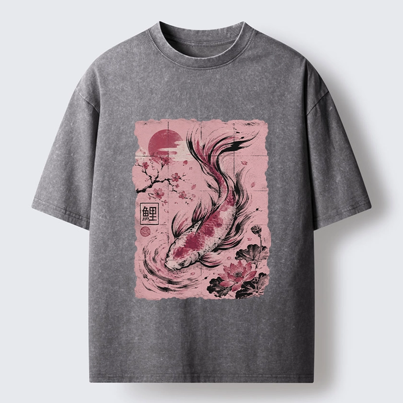 Tokyo-Tiger Sakura Lotus Koi Old Scroll Asian Tee Washed T-Shirt