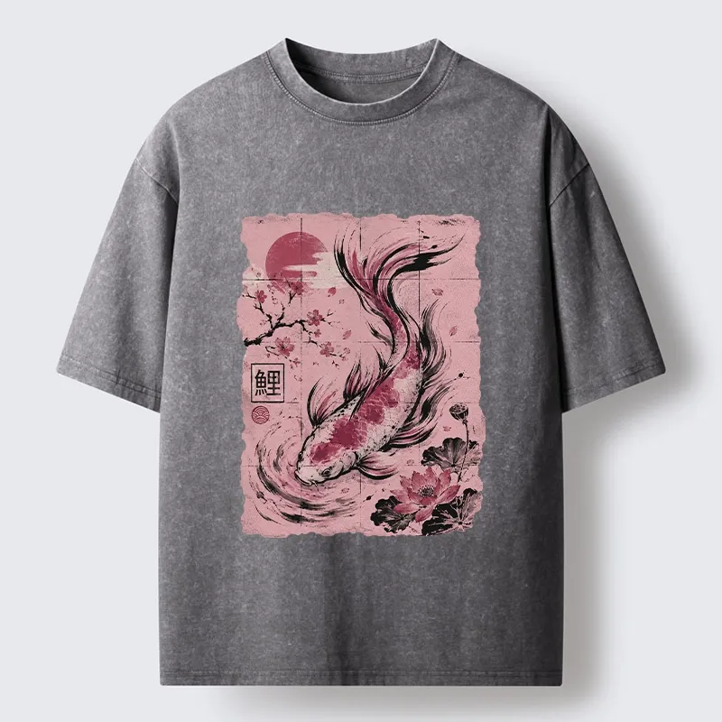 Tokyo-Tiger Sakura Lotus Koi Old Scroll Asian Tee Washed T-Shirt