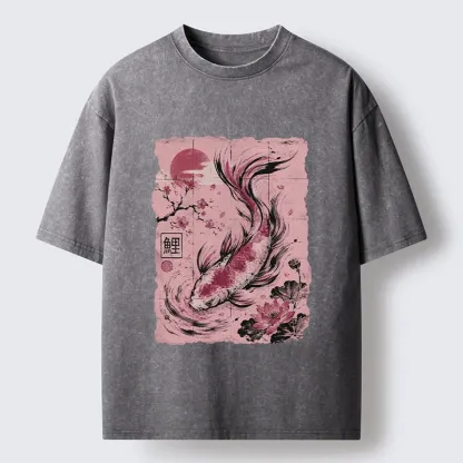 Tokyo-Tiger Sakura Lotus Koi Old Scroll Asian Tee Washed T-Shirt