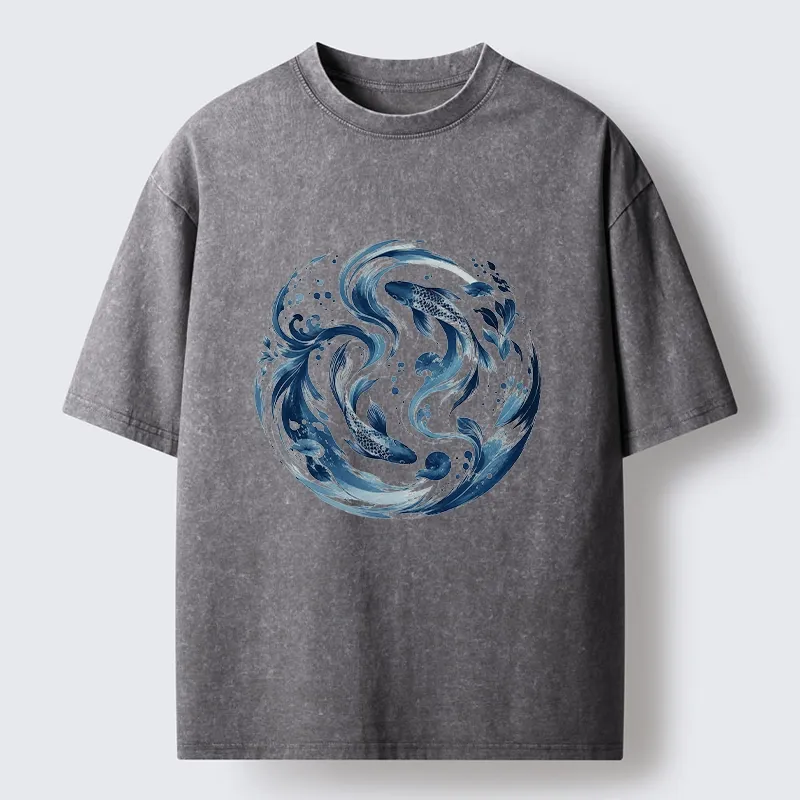 Tokyo-Tiger Monochrome Blue Yin Yang Fish Tee Washed T-Shirt