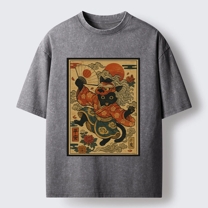 Tokyo-Tiger Kimono Cat Fan Peony Lucky Peace Print Washed T-Shirt