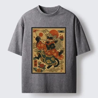 Tokyo-Tiger Kimono Cat Fan Peony Lucky Peace Print Washed T-Shirt