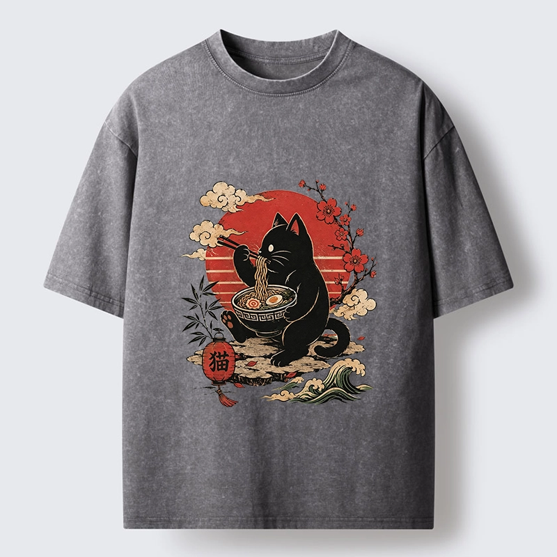 Tokyo-Tiger Black Cat Eating Ramen Cherry Blossom Art Washed T-Shirt
