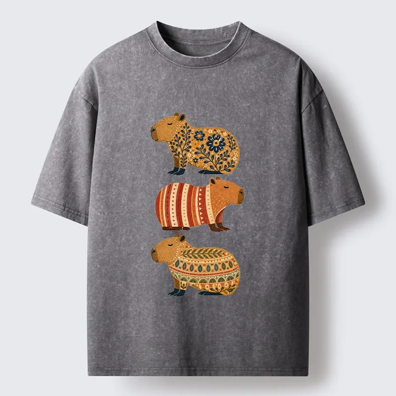 Tokyo-Tiger Folk Floral Striped Capybara Trio Print Washed T-Shirt