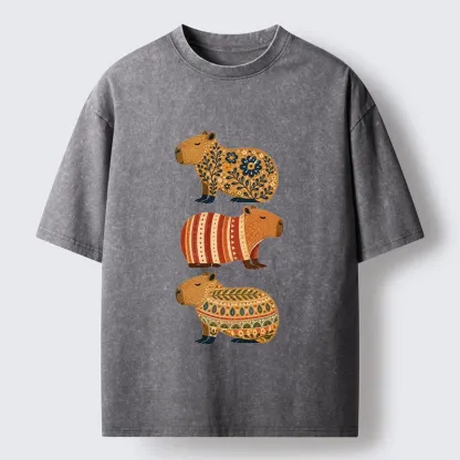 Tokyo-Tiger Folk Floral Striped Capybara Trio Print Washed T-Shirt