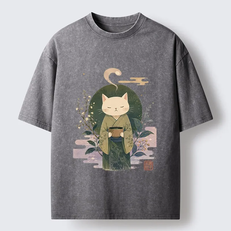 Tokyo-Tiger Soft Green Zen Cat Tea Blossom Stamp Art Washed T-Shirt Sale