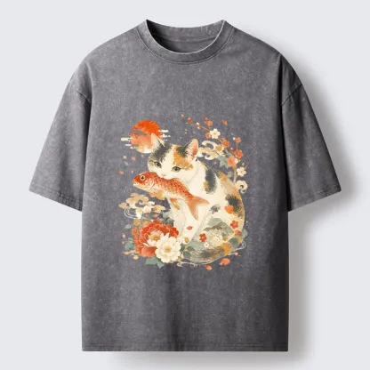 Tokyo-Tiger Traditional Japanese Cat Koi Bloom Art Washed T-Shirt