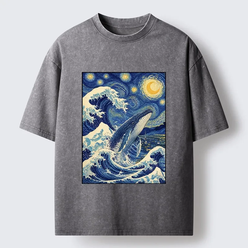 Tokyo-Tiger Starry Wave Whale Classic Art Mix Washed T-Shirt