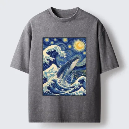 Tokyo-Tiger Starry Wave Whale Classic Art Mix Washed T-Shirt
