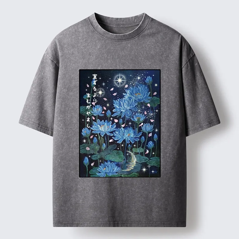 Tokyo-Tiger Night Lotus Star Soft Zen Graphic Washed T-Shirt