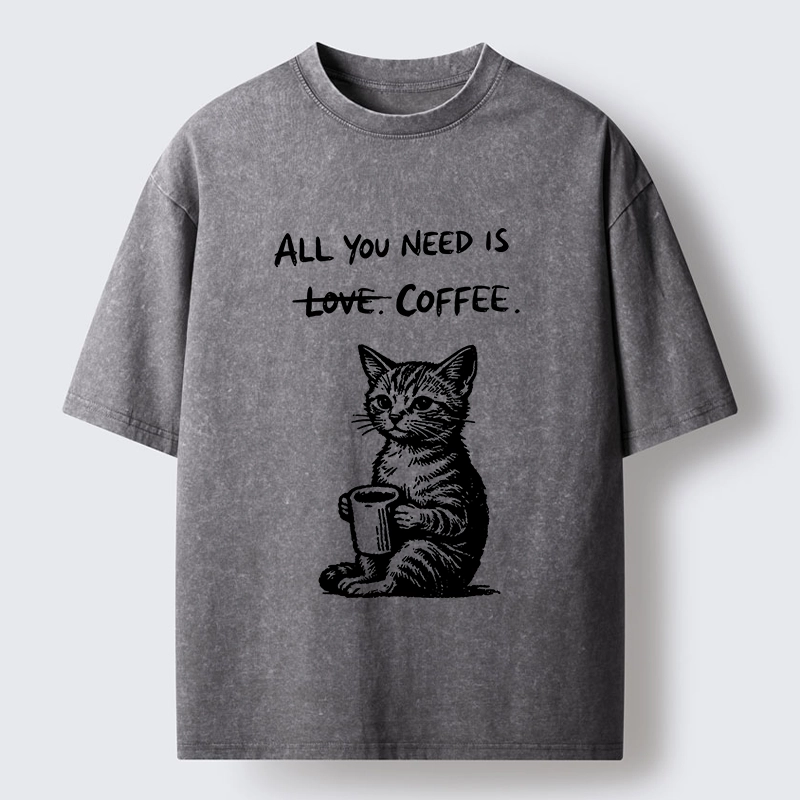 Tokyo-Tiger Cute Cat Coffee Daily Happy Vibe Washed T-Shirt