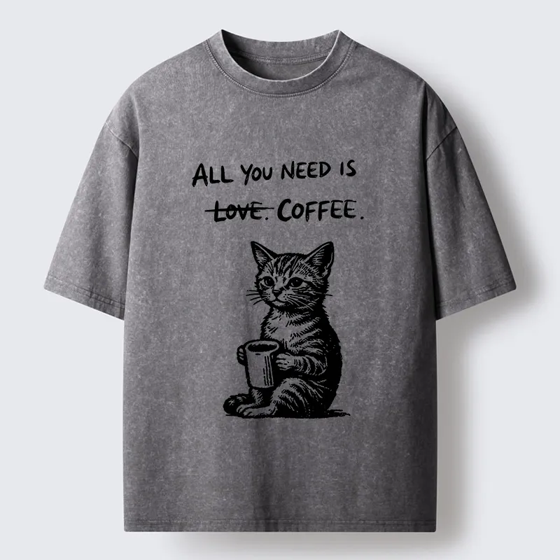 Tokyo-Tiger Cute Cat Coffee Daily Happy Vibe Washed T-Shirt