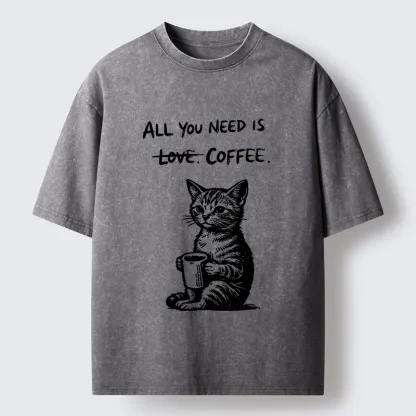Tokyo-Tiger Cute Cat Coffee Daily Happy Vibe Washed T-Shirt