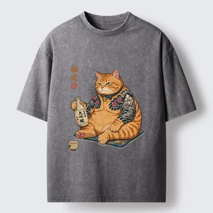 Tokyo-Tiger Traditional Japanese Cat Sake Tee Washed T-Shirt
