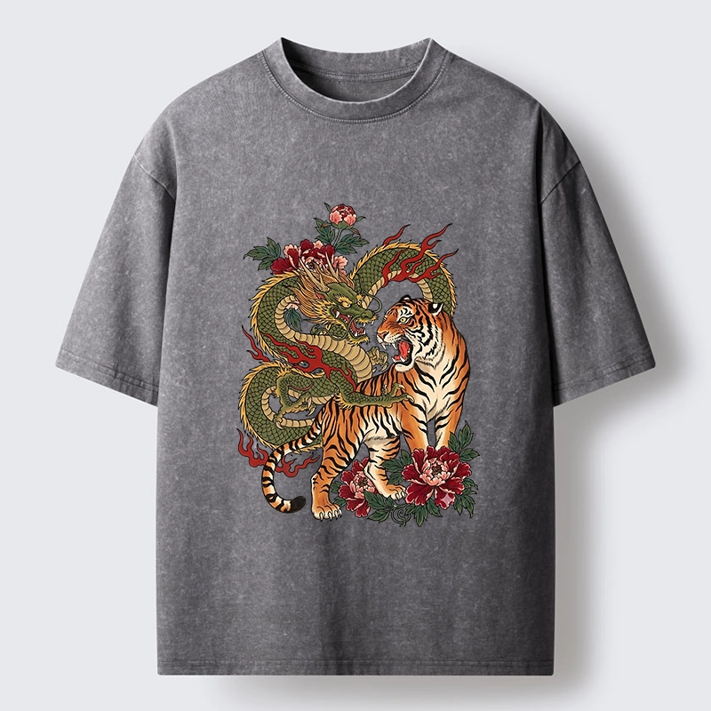 Tokyo-Tiger Vintage Asian Dragon Tiger Floral Vibe Washed T-Shirt