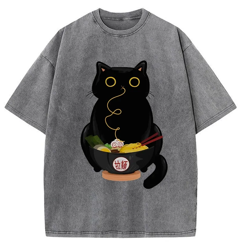 Tokyo-Tiger Ramen-Loving Cat Washed T-Shirt