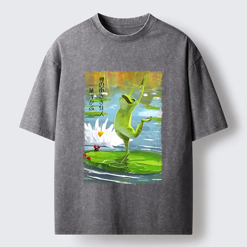 Tokyo-Tiger Yoga Frog Lotus Zen Funny Meme Washed T-Shirt