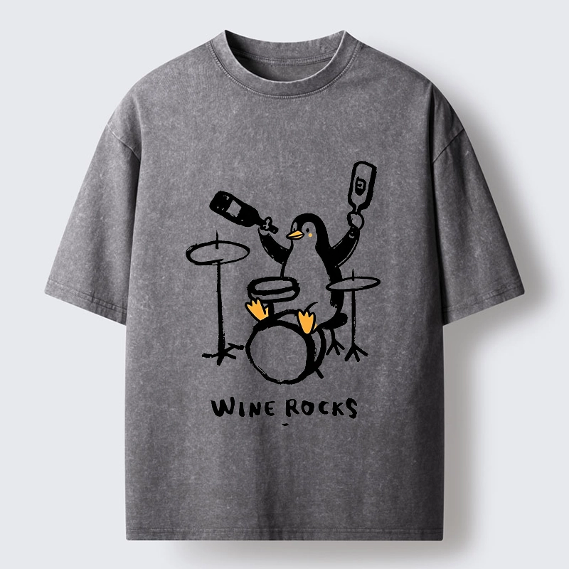 Tokyo-Tiger Cute Penguin Play Drum Drink Wine Print Washed T-Shirt