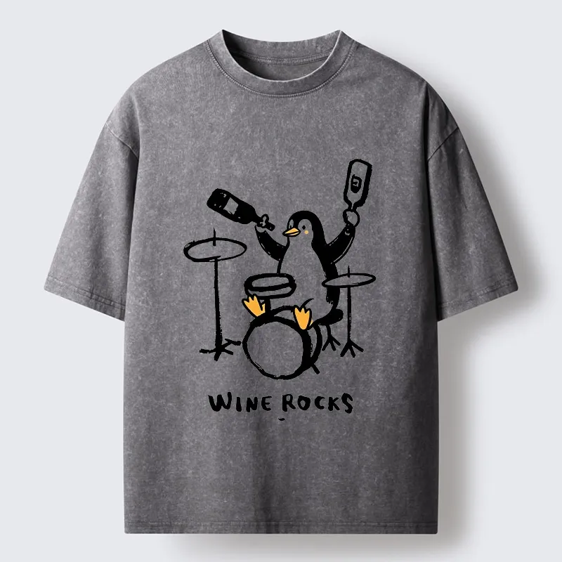Tokyo-Tiger Cute Penguin Play Drum Drink Wine Print Washed T-Shirt