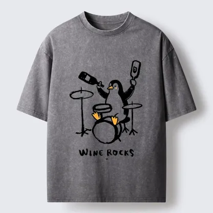 Tokyo-Tiger Cute Penguin Play Drum Drink Wine Print Washed T-Shirt