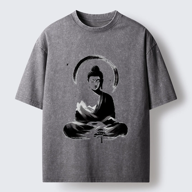 Tokyo-Tiger Serene Mountain Buddha Zen Art Washed T-Shirt