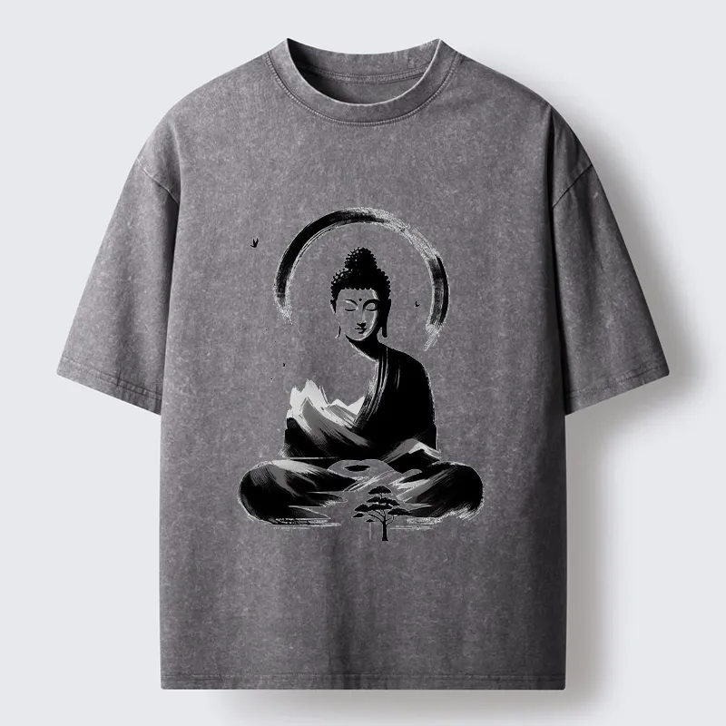 Tokyo-Tiger Serene Mountain Buddha Zen Art Washed T-Shirt