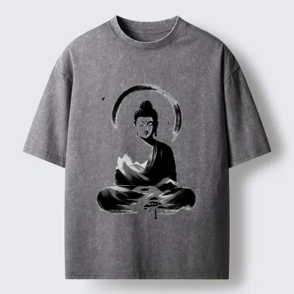 Tokyo-Tiger Serene Mountain Buddha Zen Art Washed T-Shirt
